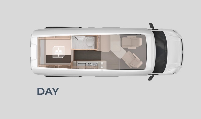 Půdorys vozidla KNAUS BOXDRIVE 600 XL ve dne