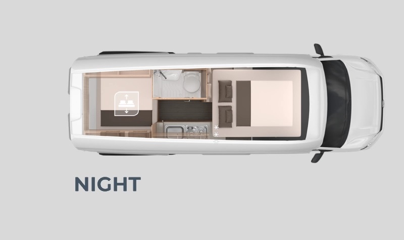 Půdorys vozidla KNAUS BOXDRIVE 600 XL v noci